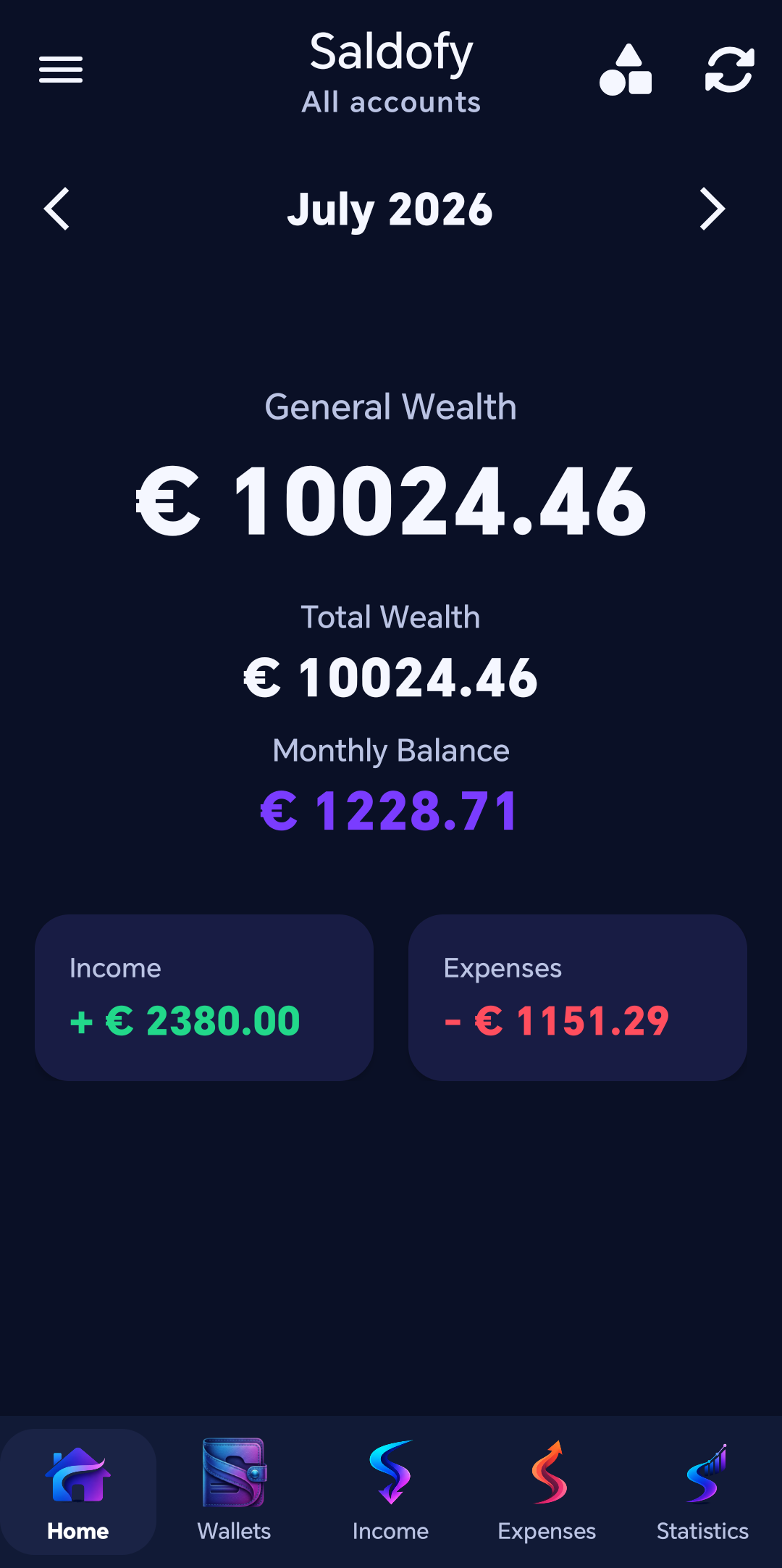 Saldofy home screen: net worth and monthly balance
